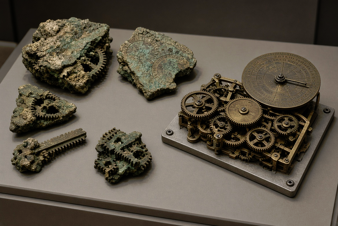 Corroded bronze fragments of the Antikythera mechanism laid out on a gray surface, beside a reconstructed model of its gears and circular dial.